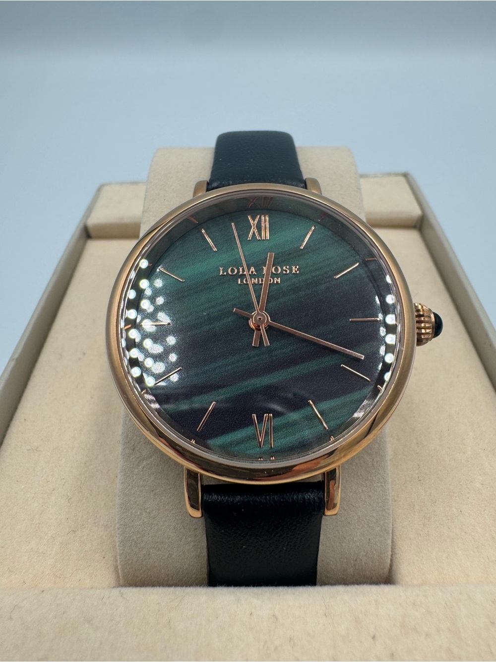 Beautiful Lola Rose Green Dial/ Rose Gold Roman Numeral & black leather strap